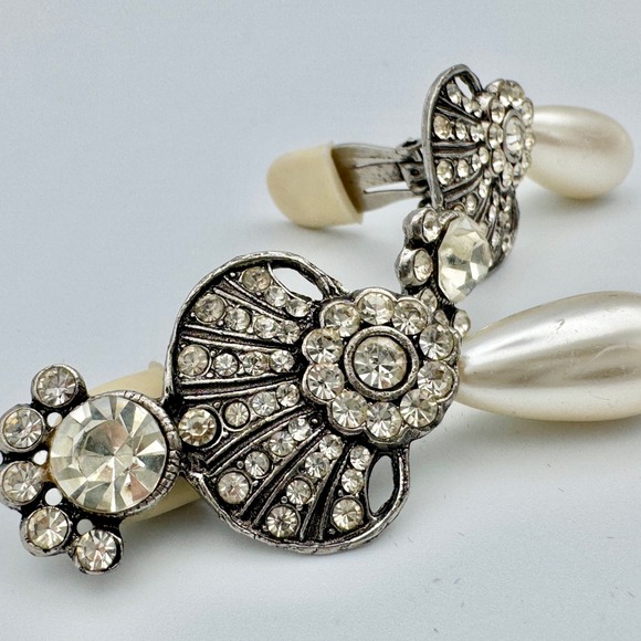 Art Deco Fan Crystal Pearl‎ Drop Earrings Silver Tone Glamour Vintage - Picture 2 of 8